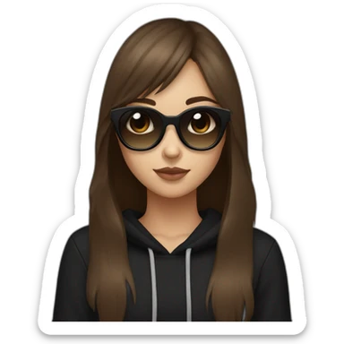 a girl with brown medium hair and with long bangs to eyes, Brown eyes; she have a black cat in hands; she have a black square sunglasses; she's wearing a black hoodie sticker