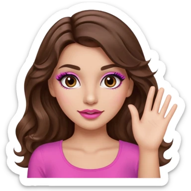 girl with long wavy brown hair, brown eyes, long lashes makeup, sexy pink lips, light to medium complexion, pink sexy top,waving sticker