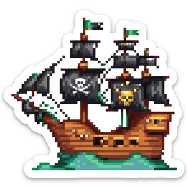 A pirate ship with black sails and flag sticker