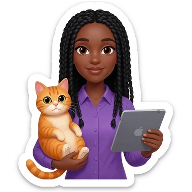 Émoji représentant une femme peau marron avec des longues nattes noires, une belle chemise violette, tenant un chat orange dans une main et une tablette dans l'autre sticker