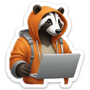 badger in orange hoodie works on notebook sticker