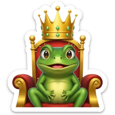 A cry frog wearing a crown, confidently sitting on a golden throne, cry tear from eyes, portrait, bust up sticker