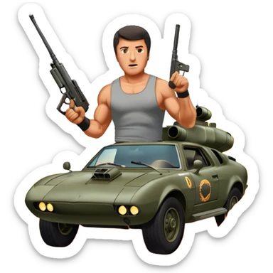 Icon for Action Movie: A vintage movie poster-style design featuring intense action scenes with explosions, weapons, and dramatic poses of Stallone. Include cars and helicopters flying out of flames in the background. Bold typography and retro cinematic style. Transparent background. sticker