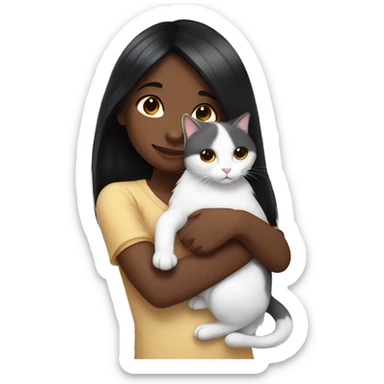 girl with very long black hair and brown skin hugging a white cat sticker