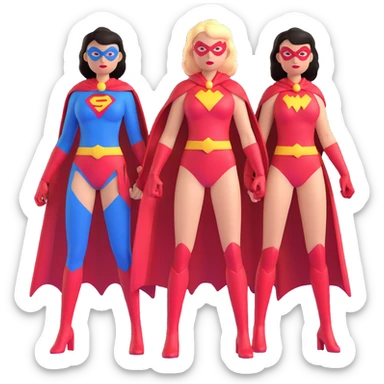three female superheroes with different powers and costumes sticker
