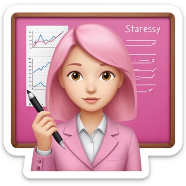 pink board with a girl writing on it and on the board there are graphs and a title "Business Strategy" sticker