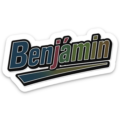 Text image of the name 'Benjámin' in a masculine, modern, gradient font with precise Hungarian characters, dark contour, extra thick, prominent white letter outline as in reference images, dynamic slanted underline, masculine color shades including blue, gray, burgundy, green, and brown, 1000x1000 px, PNG, transparent background. sticker