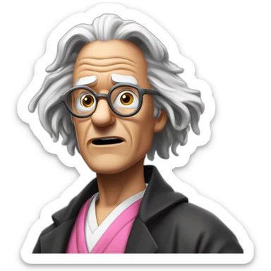 Doc Brown looking shocked and his mouth wide open. No eye-ware. Wearing a dark-silver bathrobe with black trim. Underneath the rob, he is wearing a pink collard-shirt with a white necktie. sticker