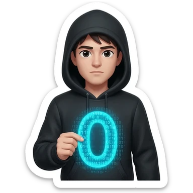 I need emoji for my new discord server, the name of the server is Zer0s and 0nes, I love the binary system and "hacker" look, like a guy with a hoodie, make sure the face is present and looks like a human being and the hoodie is natural and black. Make it oriented around the number 0. sticker