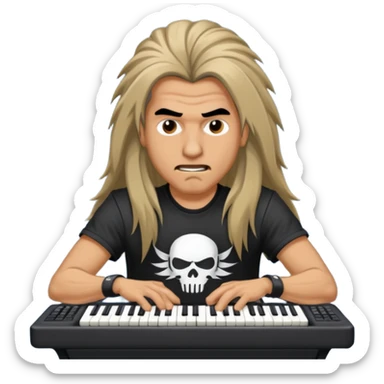 A long haired keyboardist headbanging, the keyboardist is rebellious in their clothing style. sticker