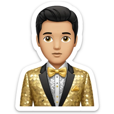 Elvis Presley with silver sequin shirt with gold bow tie, gold sequin suit sticker