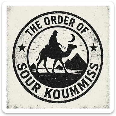 A grunge-style 90s logo for 'The Order of Sour Koumiss' with distressed edges and a mysterious travel theme, black and white sticker