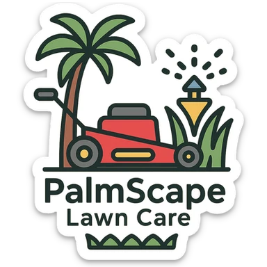 Add the company name text 'PalmScape Lawn Care' in a fresh, inviting font below the logo. sticker