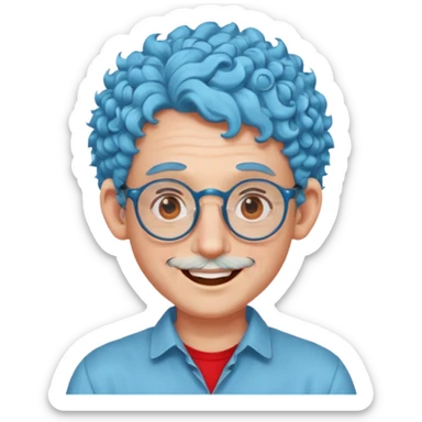 light blue haired man curly hair with big ears and red earrings and spectacles happy sticker