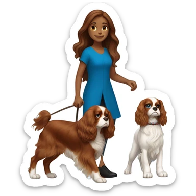 A long brown hair girl with blue eyes walking a King Charles cavalier ruby colored  sticker