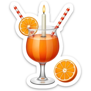 An orange fruit, not a drink, with a horizontal red stripe around the middle. 4 vertical cocktail sticks in the orange with small pieces of candy on the sticks. On top of the orange a small white lit candle. sticker