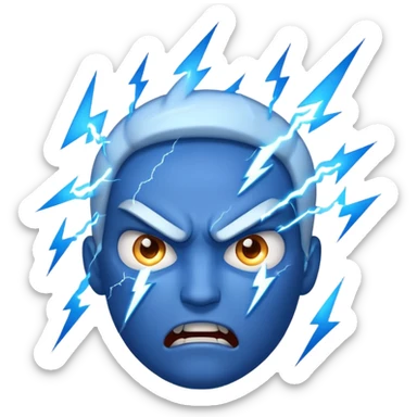 Rayos, centellas y estrellas en una cara color azul con expresiones de furia sticker