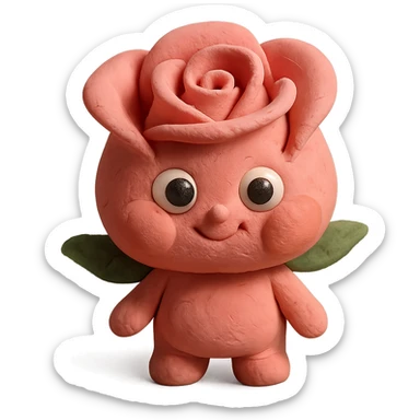 soft pastel pink rose character, super cute, puffed cheeks, big eyes, round petals, small body, claymation style sticker