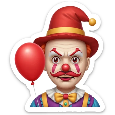 Angry clown — furrowed brow, mustache, tiny hat, hold balloon sticker