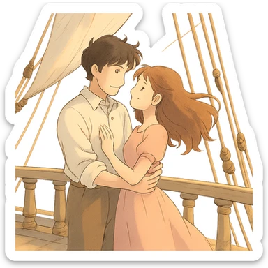 ghibli style romantic couple on a ship, soft colors sticker