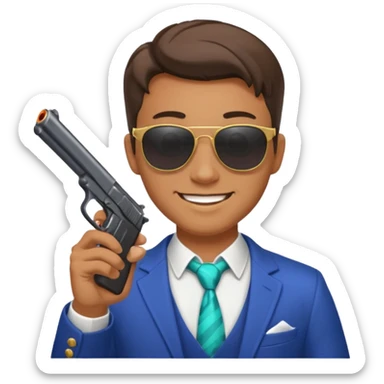 a handsome guy wearing a party clothes with sun glasses and a gun. sticker