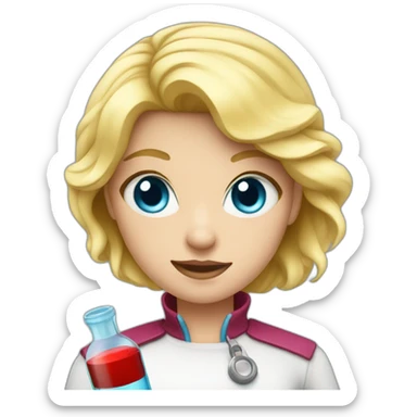 Girl with blond hair and blue eye take red vial sticker
