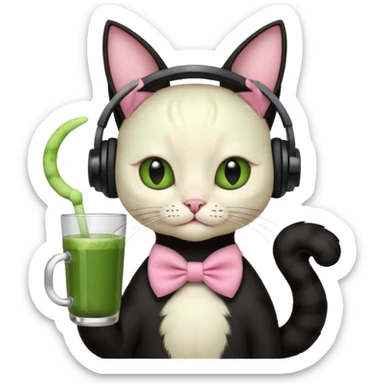 A black cat wearing cute headphones with a glass of matcha, a pink bow on his ear sticker