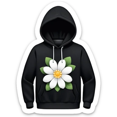 The BLACK Hoodie has a solid black base, accented with distinctive white open flower spots. Each flower has an empty space in the center, creating a hollow, ring-like appearance. These patterns are scattered across the hoodie for a bold and unique design. sticker