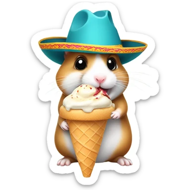 Hamster riding on a dogs back while eating ice cream and has a mexican hat in sticker