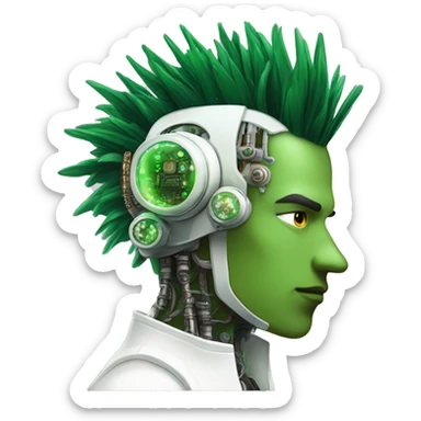 Green Mohawk hair male cyborg head with white steampunk goggles and circuits sticker