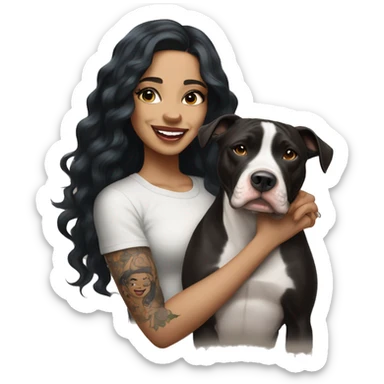 light skin woman with a tattoo of a small cross near her eye and long wavy black hair expressing joy alongide a white and brown pitbull sticker