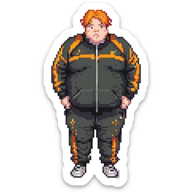 Extremely fat man with orange hair wearing black tracksuit with orange lines sticker