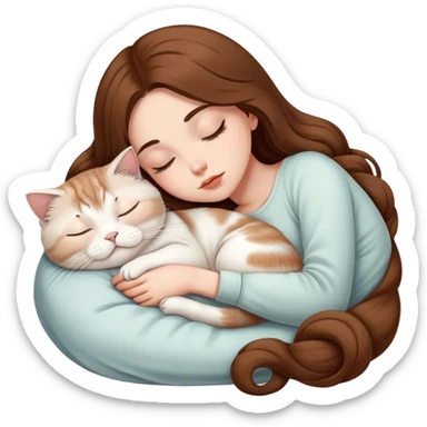 A pretty white girl with very long brown hair and sleeping curled up to a scottish fold white cat  sticker