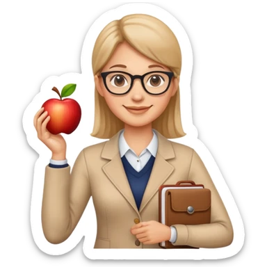 Cute smiling teacher with glasses and apple sticker