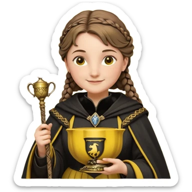 Helga Hufflepuff,the Hogwarts founder of Hufflepuff,brown-haired,2braids,yellow-black medieval dress with black cloak decorated with gold braiding,flickering magic wand and tiny two-handled shiny gold cup engraved with the badger silhouette,very kind smile,curvy busty sweet sticker