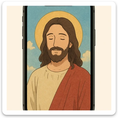 Jesus in a gentle Ghibli style, appearing on an iPhone display sticker