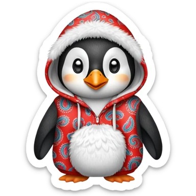 penguin wearing a red paisley pattern hoodie sticker