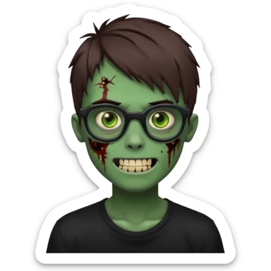 Zombie emo boy, green skin and brown hair and eyes, black glasses and a scary smile with a cut on the side, scars and blood under eyes sticker