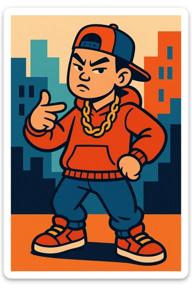 hip hop Chinese American character wearing streetwear, gold chain, and a cap, confident pose, urban vibe, modern illustration style sticker