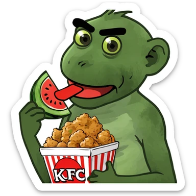 A monkey eating some KFC chicken with watermelon in the other hand sticker