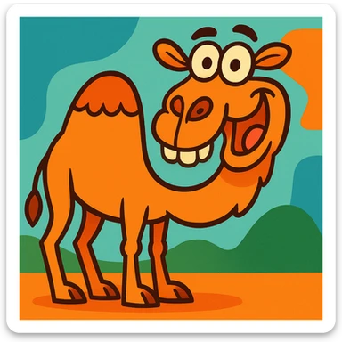 whimsical camel with a silly expression in a fun, vibrant cartoon style sticker