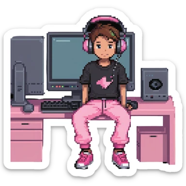 boy in pink pants sitting at a computer listening to music with headphones sticker
