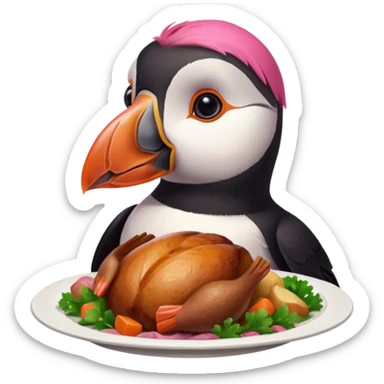 pink puffin that is pink-colored eating roast dinner sticker