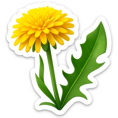 Create a 3D illustration of a dandelion in the style of iOS Apple emoji, featuring a voluminous yellow flower and a green leaf, on a transparent background. The style should mimic the Apple emoji look with smooth shading and vibrant colors. sticker