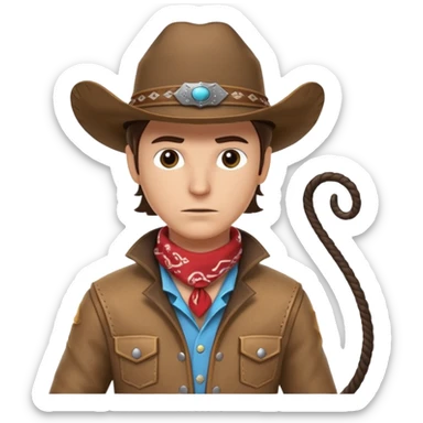 cowboy with a whip portrait, head and shoulders only, cowboy hat, bandana, western jacket collar, whip coiled over shoulder, confident expression, 3D cartoon, mobile game icon style, clean background, no text, no watermark
 sticker