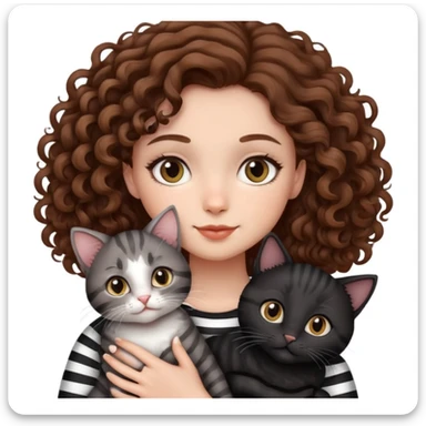 Girl with curly hair holding three cats, one black cat, one grey cat, and one grey-striped cat sticker