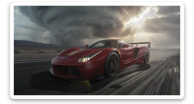 Cinematic still of a ferrari f40 around tornado od arizona desert, sun flare, captured by gopro hero with effect fisheye, water drops on car body, detailed, inspired by interstellar look, captured by a RED Weapon 8K sticker
