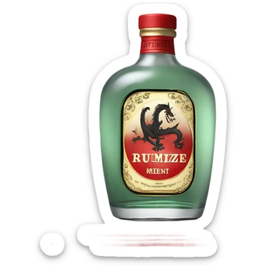 clear bottle of rumpleminze peppermint alcohol with a label that black with red border and font that has a small gold dragon on the label sticker