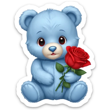 cute blue baby teddy bear holding roses  sticker