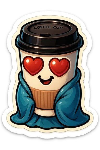 Ink wash style, coffee cup creature, big heart eyes, dopey smile sticker
